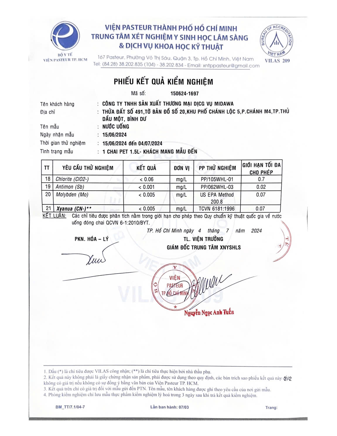 Phiếu kiểm nghiệm hóa sinh